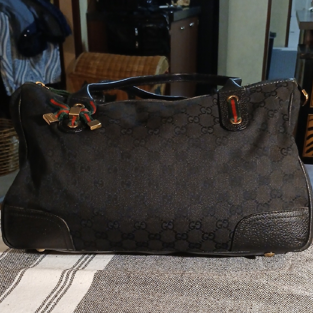 Gucci Black Tote Bag with Red and Green Accents..
